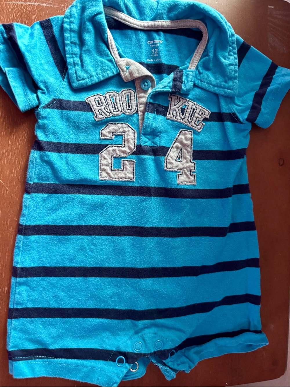 Carter's Teal & Navy Striped 'Rookie 24' Polo Romper